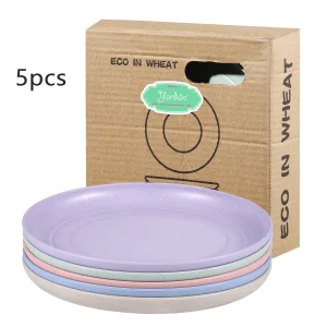 5pcs Wheat Straw Plates Reusable Baby Feeding Dishes Salad Snack Fruit Plate Picnic Dishes Unbreakable Kitchen Dinnerware