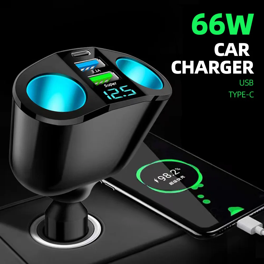 QC3.0 Car Charger 12V/24V Dual USB Power Adapter Car Cigar Lighter Socket Type-C+QC3.0+2.4A LED Display 120W Fast Car Charger