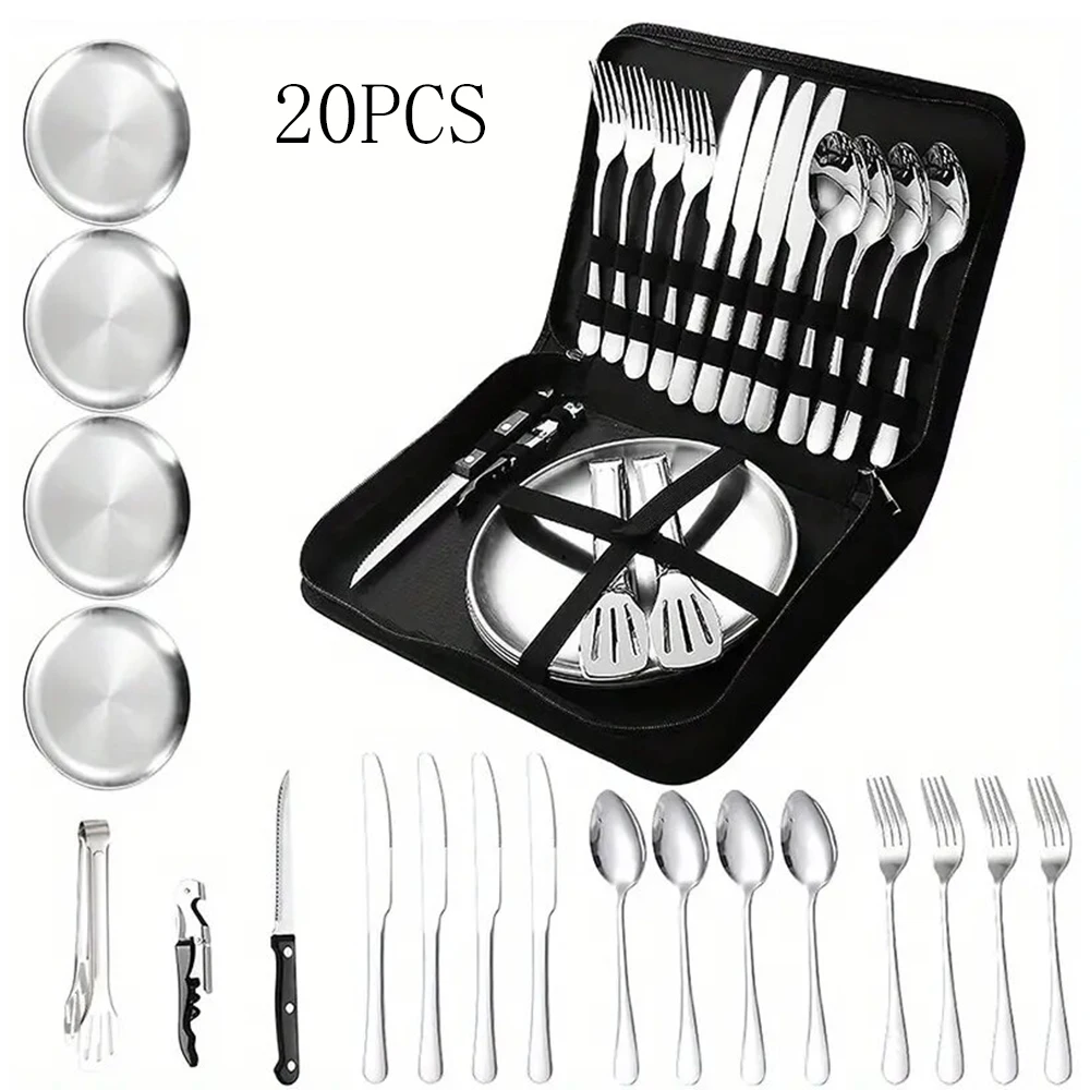10/20Pcs Outdoor Camping Cutlery Organizer Utensil Picnic portable Set Stainless Steel Plate Spoon Knife Fork Tongs Hiking - Image 7