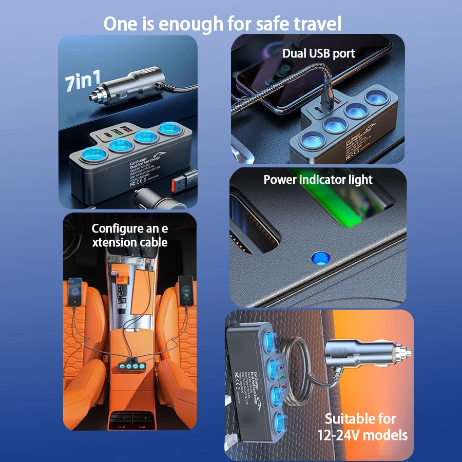 12V/24V Multi-Function Charger USB Fast Charging Can Charge Multiple Devices At The Same Time, One Tow And Four Car Chargers - Image 3