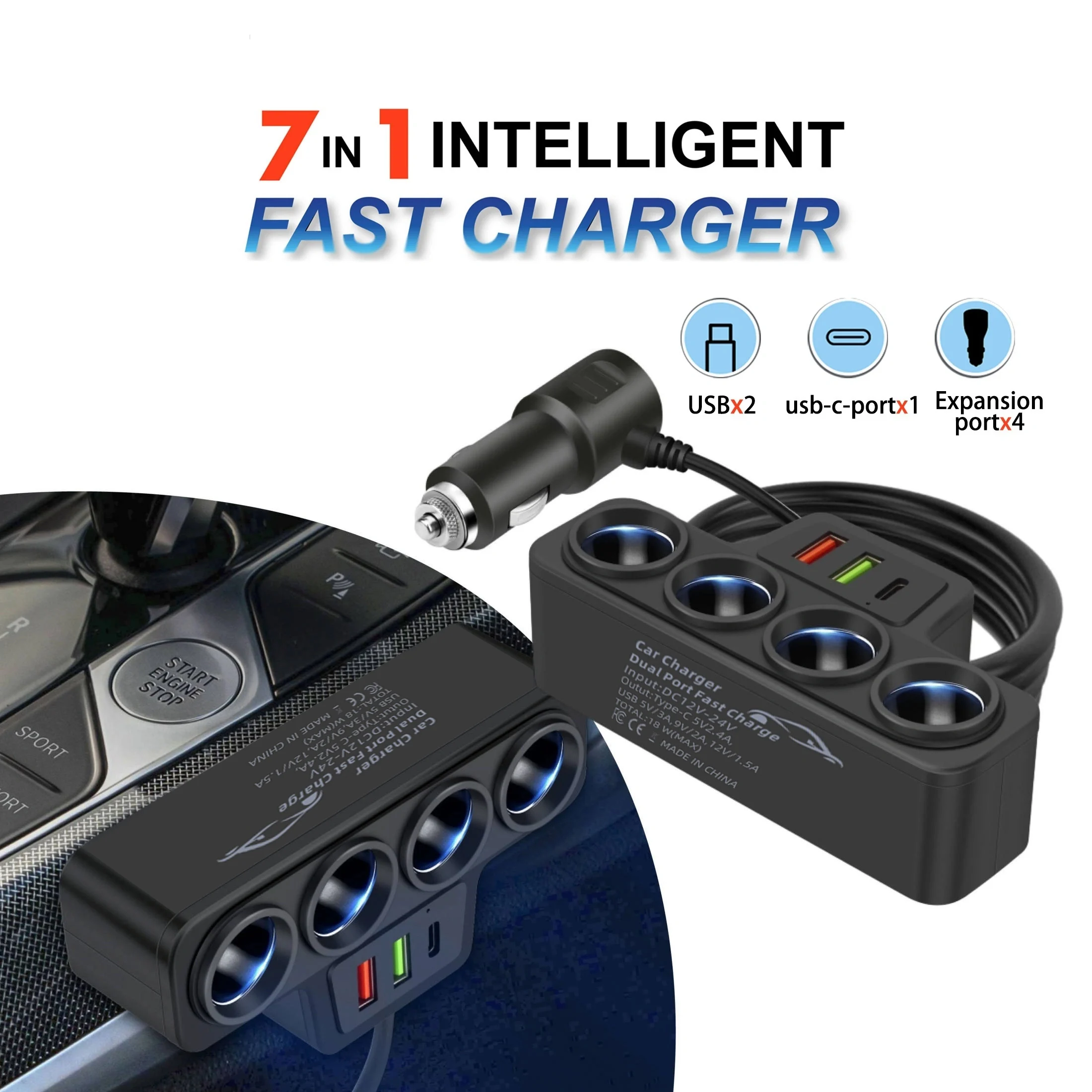 12V/24V Multi-Function Charger USB Fast Charging Can Charge Multiple Devices At The Same Time, One Tow And Four Car Chargers