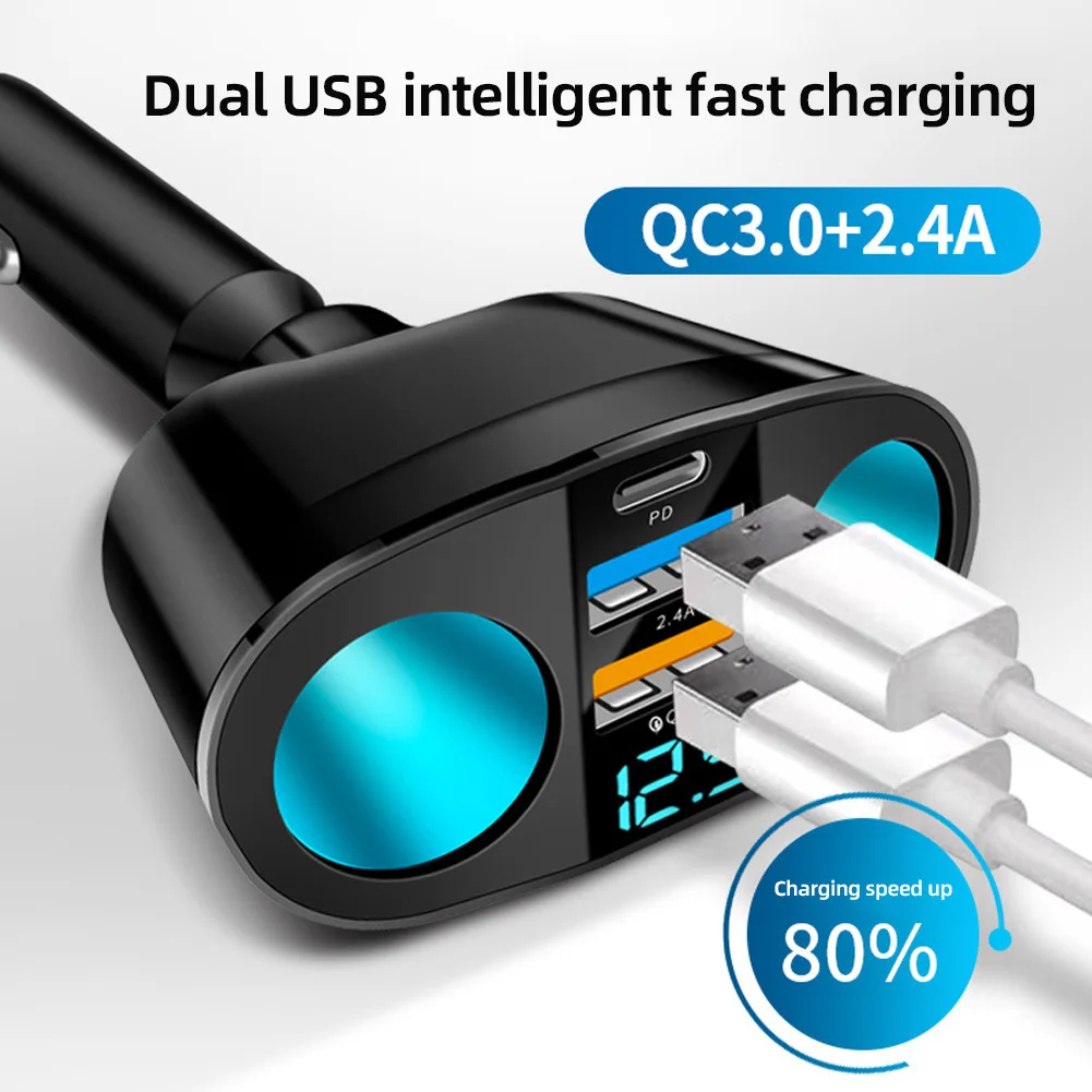QC3.0 Car Charger 12V/24V Dual USB Power Adapter Car Cigar Lighter Socket Type-C+QC3.0+2.4A LED Display 120W Fast Car Charger - Image 2