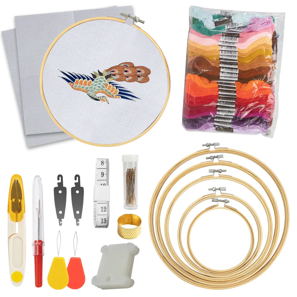 Complete Bamboo Embroidery Hoop Kit Includes Hoops Scissors Needles Threads Cloths and More Ideal for Craft Lovers and Beginners