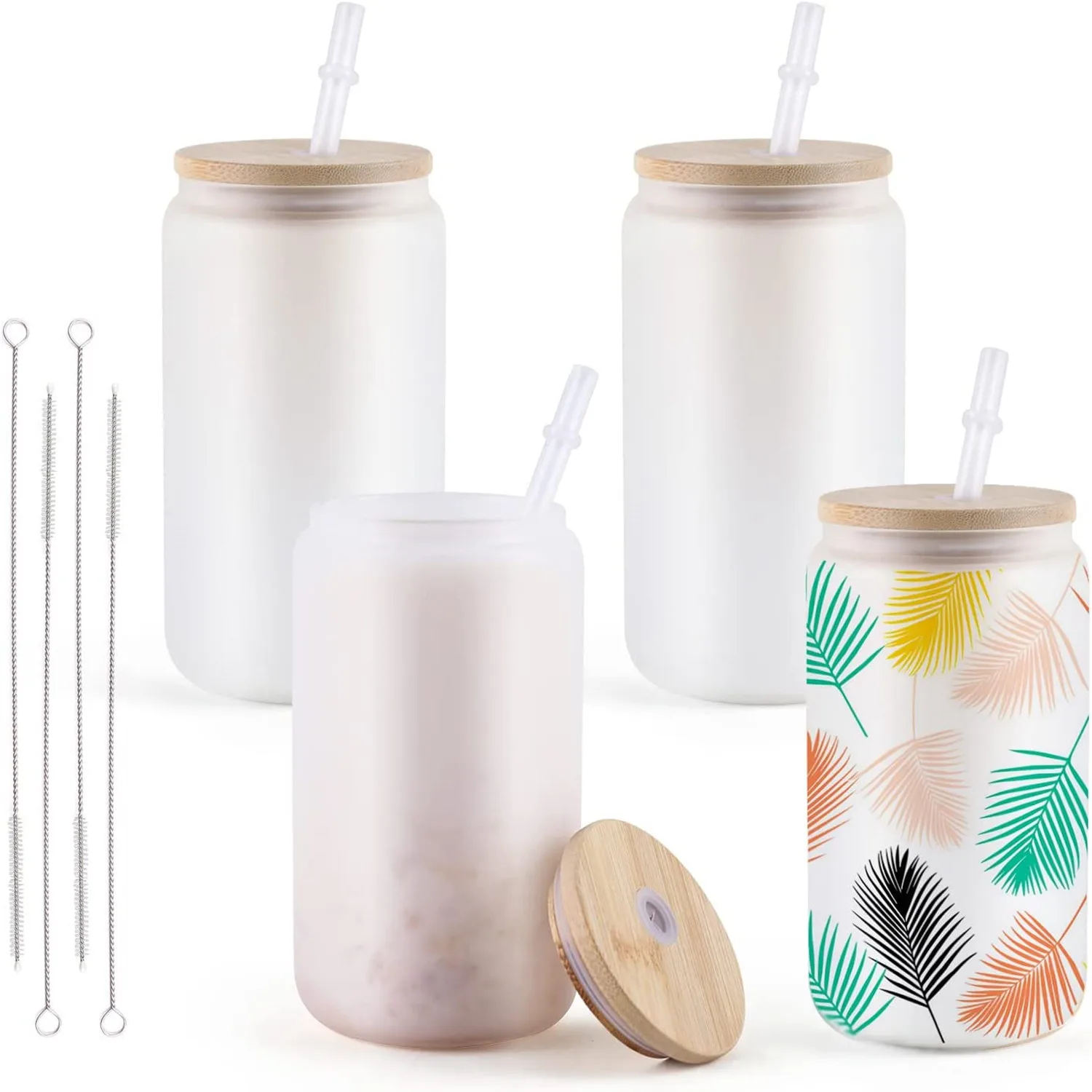 HTVRONT 8/4 Pack 16OZ Clear/Frosted Glass Sublimation Tumblers with Bamboo Lid Sublimate Tumbler Blanks DIY for Iced Coffee Cups - Image 8