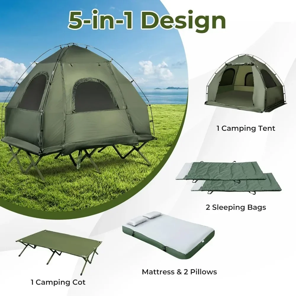 Tent Cot, 5-in-1 Folding Camping Cot with Mattress & Pillows,Camping Tent Elevated with Carrying Bag for Outdoor Hiking, Fishing - Image 3