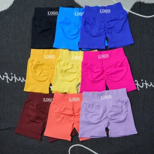Yoga ShortsYogImpact Shorts with Logo 4.5'' Low Waist Seamless Scrunch Bum Gym Shorts Workout Biker Short Stretch Fitness Short