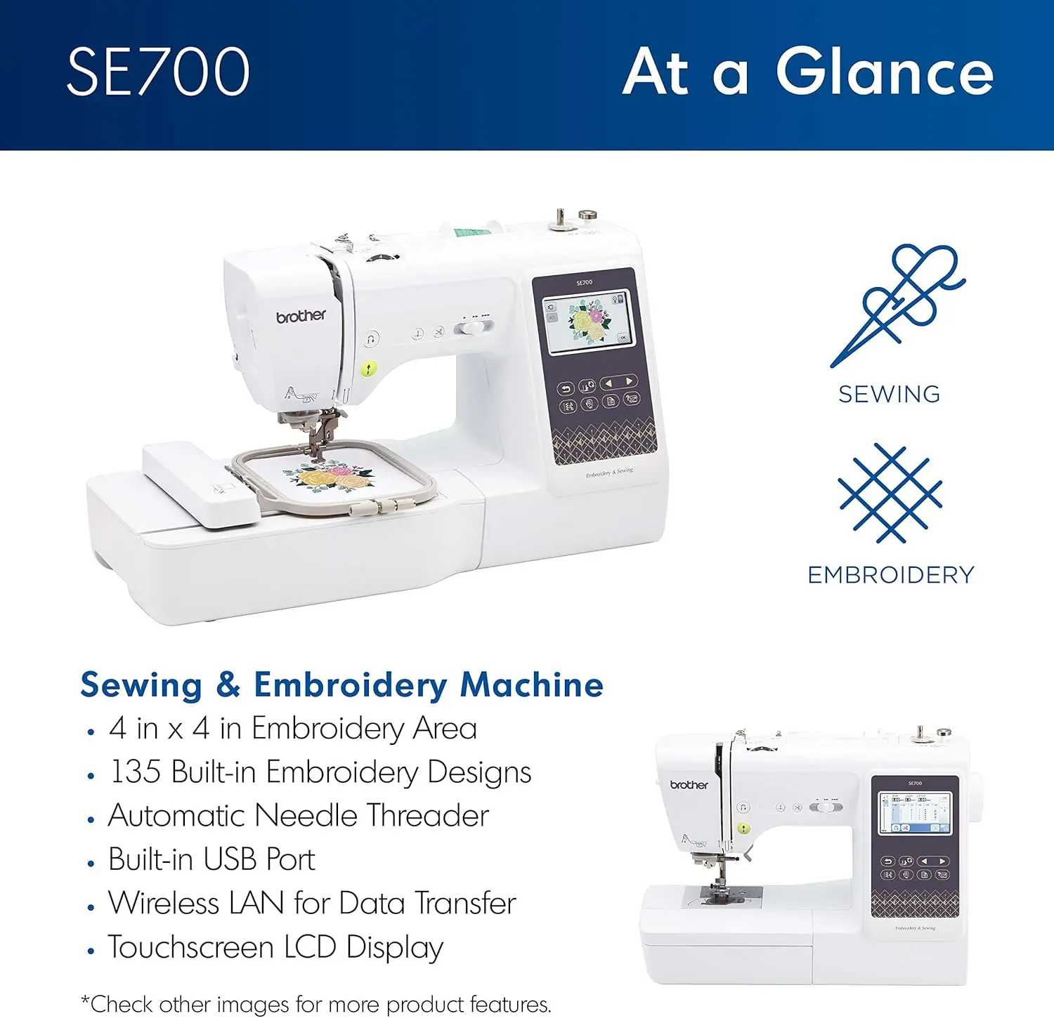SE700 Sewing and Embroidery Machine, 135 Built-in Designs, 103 Built-in Stitches, Computerized, 4" x 4" Hoop Area 2025 USA - Image 4