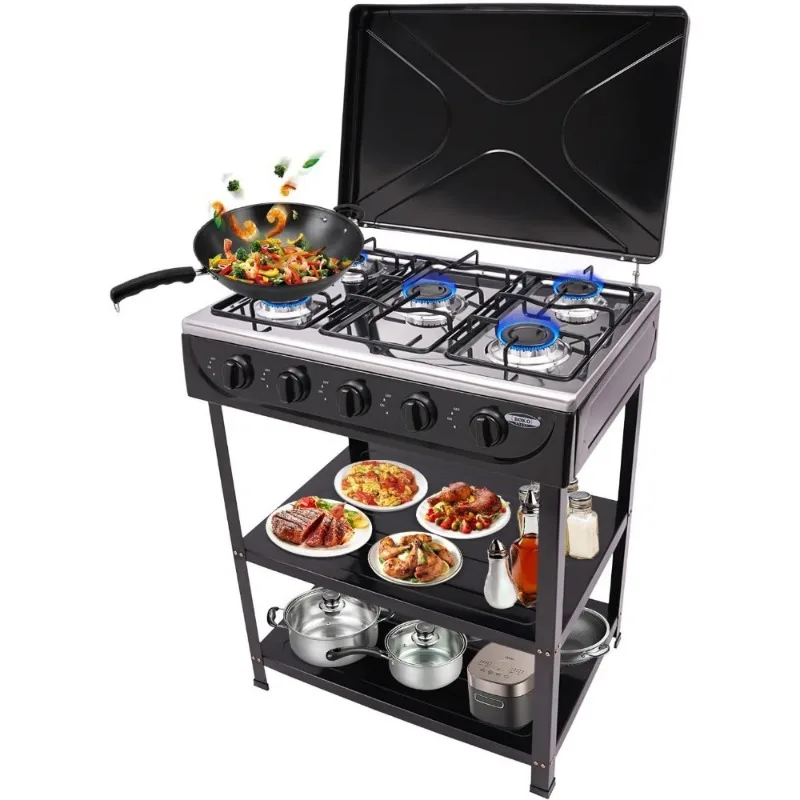 Natural Gas Stove Outdoor 5-Burner Stove Portable Gas Stove with 2 Placement Boards and Windshield for Outdoor Camping RV Travel - Image 3