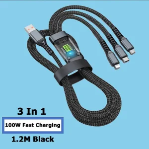 Fast Charging Cable 100w 3-in-1 USB A to Type C Micro USB Lightning Cables for Samsung Huawei Xiaomi Phone Laptop Tablet