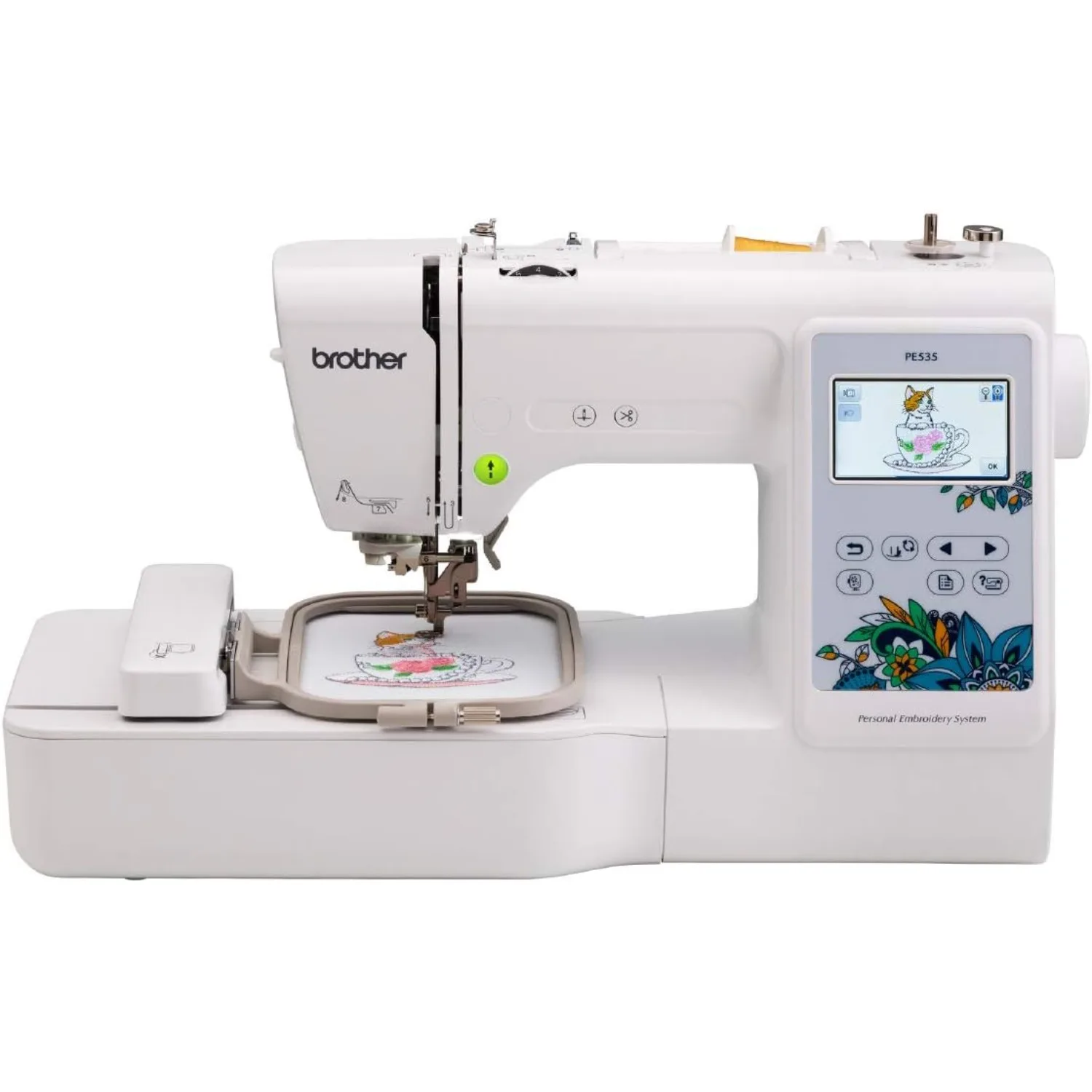 PE535 Embroidery Machine, 80 Built-in Designs, 4" x 4" Hoop Area, Large 3.2" LCD Touchscreen, USB Port, 9 Font Styles 