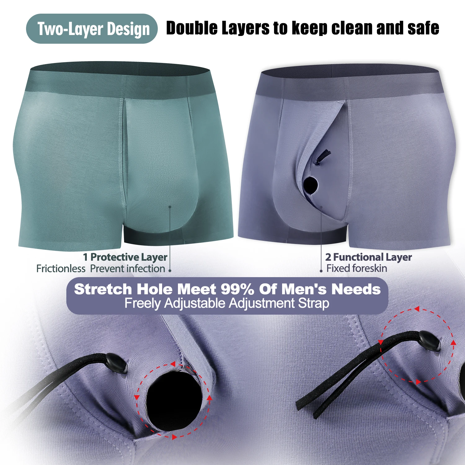 Men's Breathable Underwear Front Open Hole with Adjustable Ring Sheath Boxers Foreskin Long Therapy Enhanced Man Boxers Briefs - Image 5