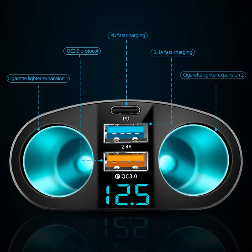 QC3.0 Car Charger 12V/24V Dual USB Power Adapter Car Cigar Lighter Socket Type-C+QC3.0+2.4A LED Display 120W Fast Car Charger - Image 5