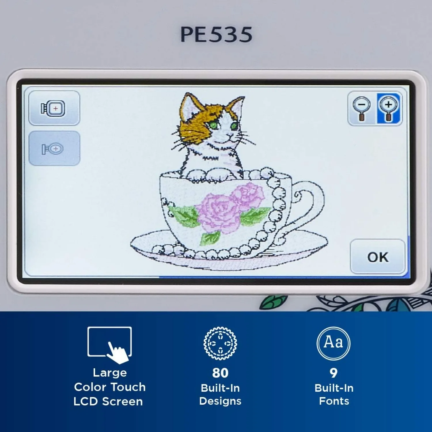PE535 Embroidery Machine, 80 Built-in Designs, 4" x 4" Hoop Area, Large 3.2" LCD Touchscreen, USB Port, 9 Font Styles - Image 4