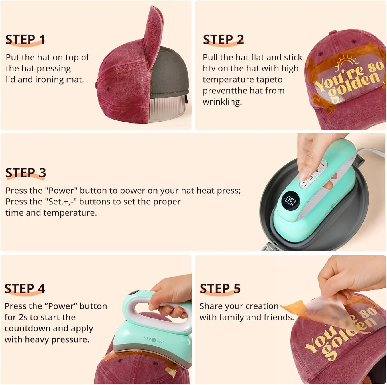 HTVRONT Hat Heat Press Hat Press Machine Auto-Off Mini Heat Press Handheld Cap Easy Press for Cricut Iron Sublimation DIY Hat - Image 5