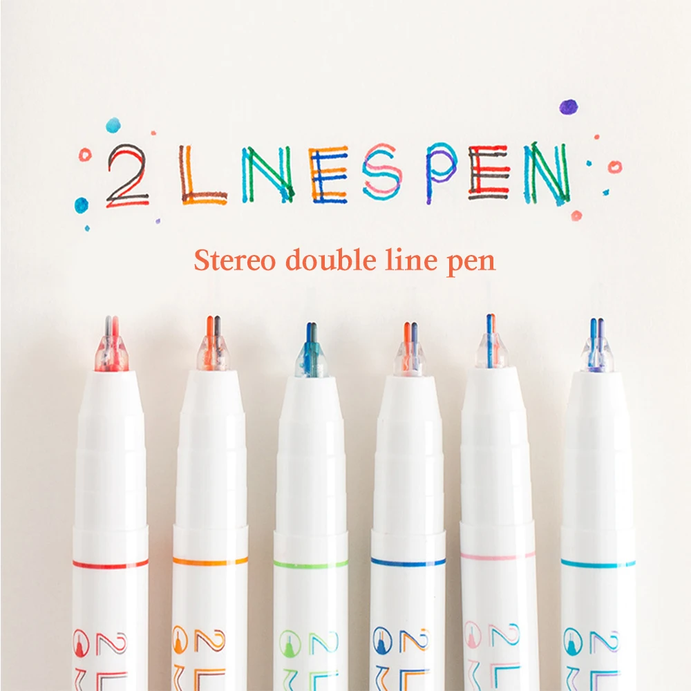 6 Pcs/Set Two-color Line Gel Pens Set Creative Graffiti Pen Art Drawing supplies Kawaii Stationery Student Reading Marker DIY
