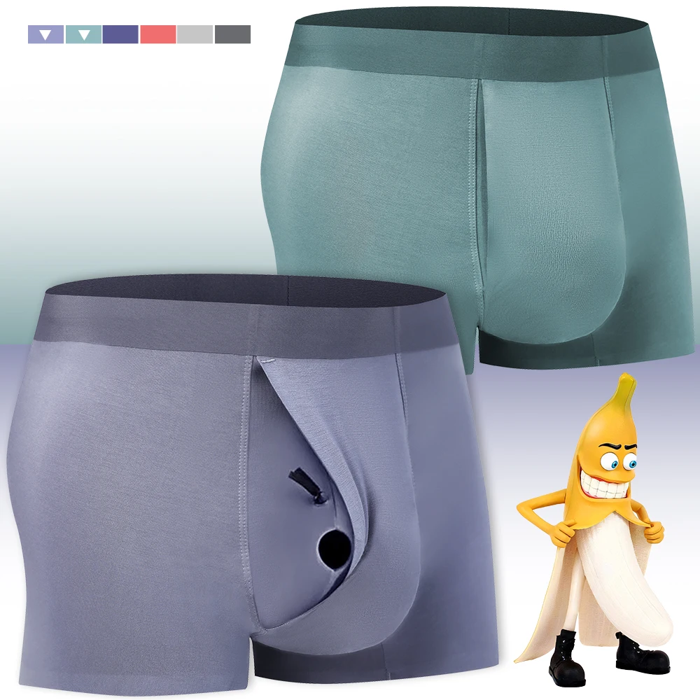 Men's Breathable Underwear Front Open Hole with Adjustable Ring Sheath Boxers Foreskin Long Therapy Enhanced Man Boxers Briefs