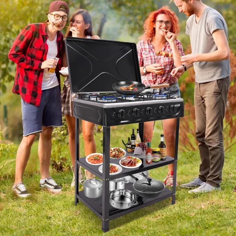 Natural Gas Stove Outdoor 5-Burner Stove Portable Gas Stove with 2 Placement Boards and Windshield for Outdoor Camping RV Travel