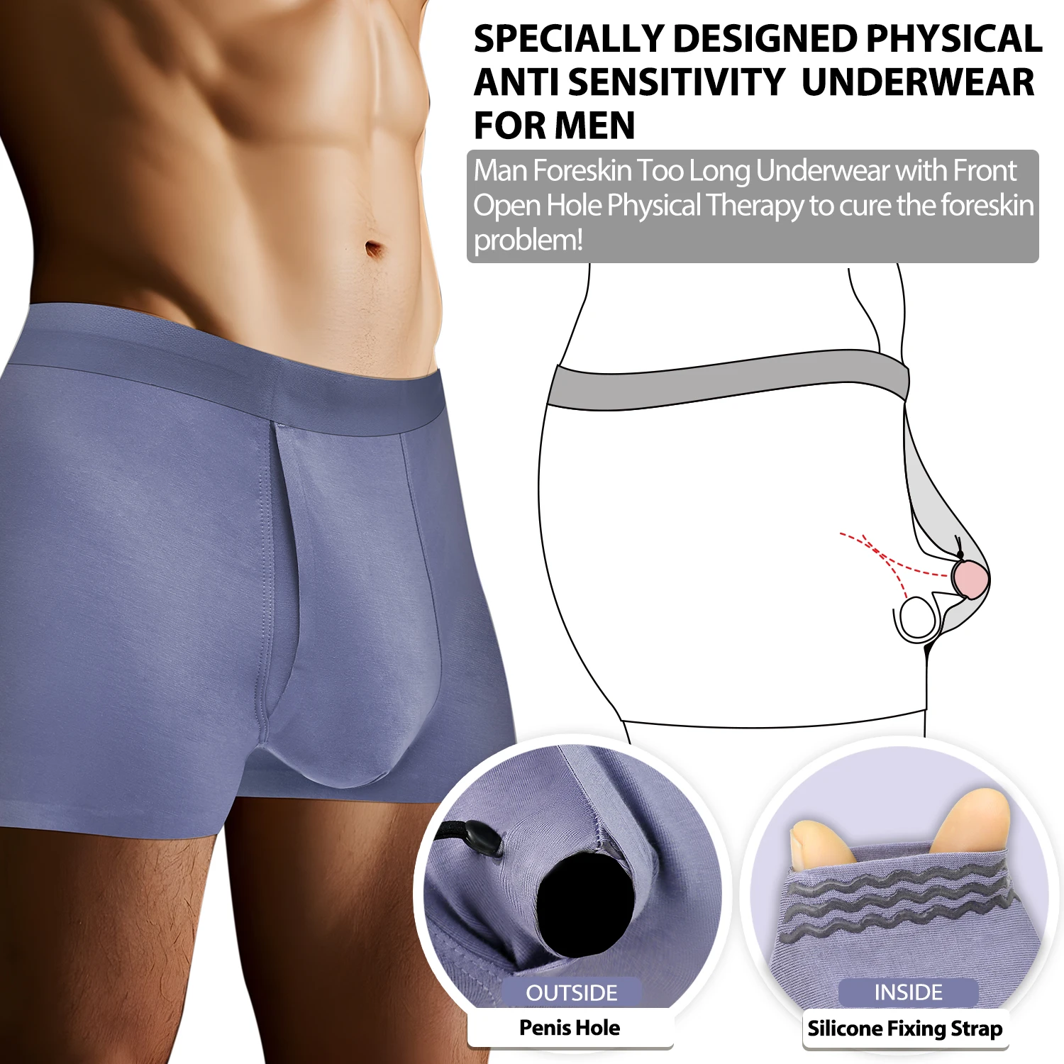 Men's Breathable Underwear Front Open Hole with Adjustable Ring Sheath Boxers Foreskin Long Therapy Enhanced Man Boxers Briefs - Image 2
