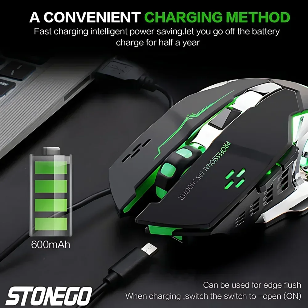 STONEGO 2.4G Wireless Bluetooth Mouse USB Computer Game Mouse with Receiver LED Colorful Changing Optical Silent Ergonomic - Image 5