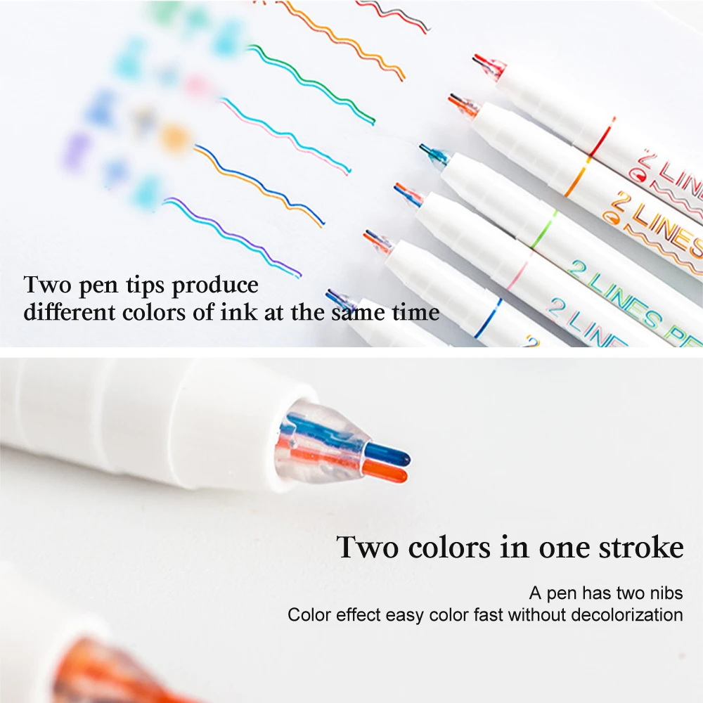 6 Pcs/Set Two-color Line Gel Pens Set Creative Graffiti Pen Art Drawing supplies Kawaii Stationery Student Reading Marker DIY - Image 5