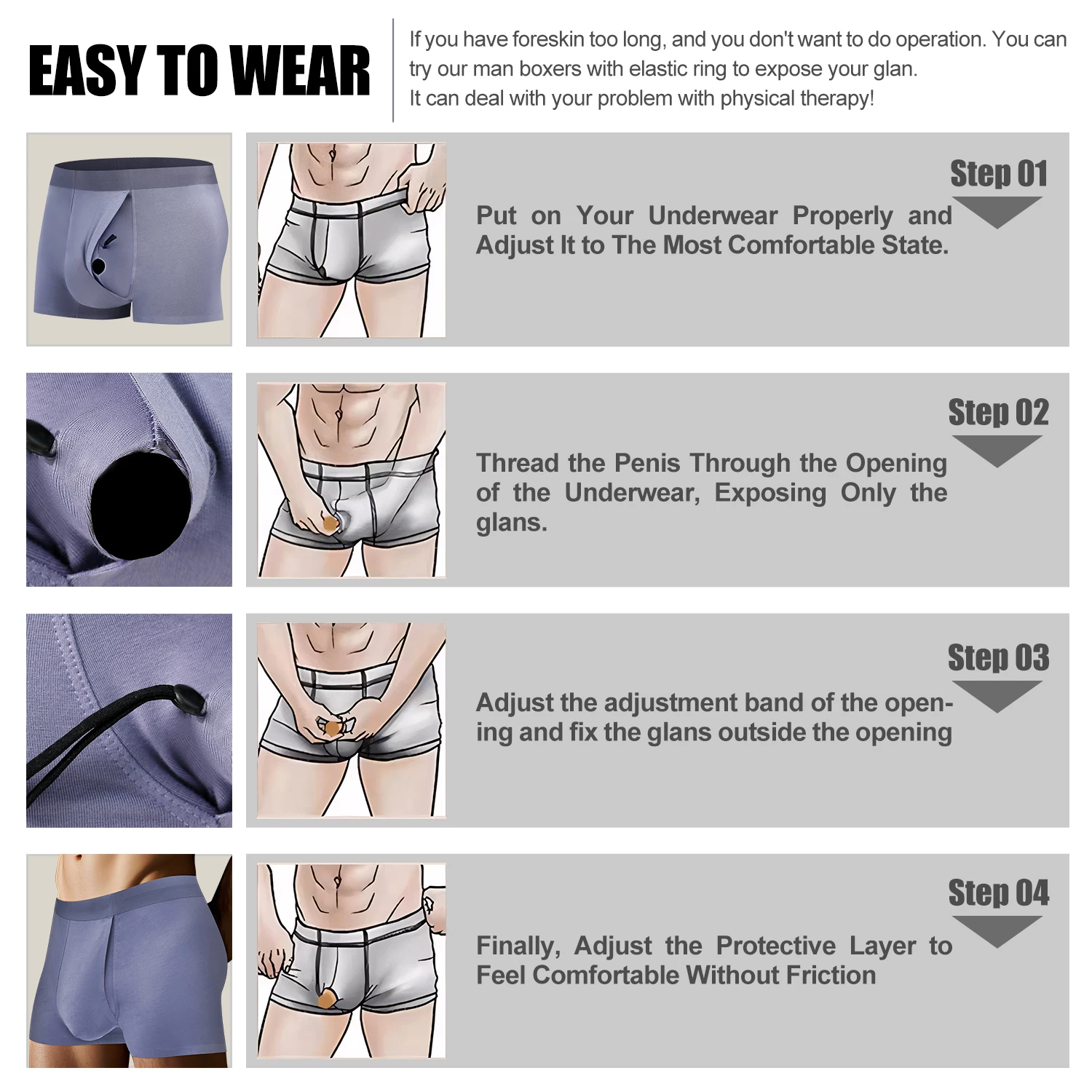 Men's Breathable Underwear Front Open Hole with Adjustable Ring Sheath Boxers Foreskin Long Therapy Enhanced Man Boxers Briefs - Image 4
